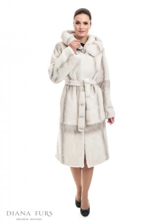 Французское пальто из меха кролика с капюшоном, отделка норка
