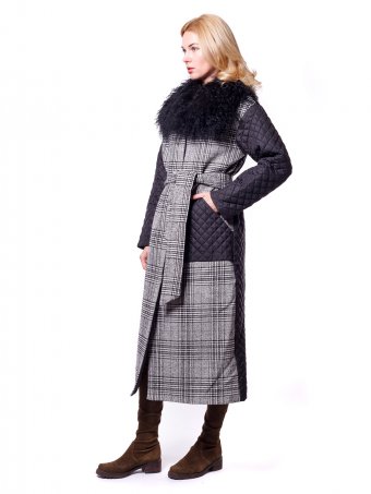 Длинное болоньевое/шерстяное утеплённое стёганное пальто с накладными карманами и натуральным мехом